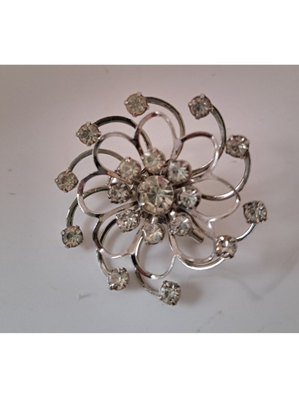 Vintage Whimsical Brooch Pin Swirl Rhinestone Silver Tone Floral Starburst
